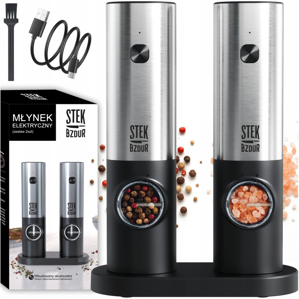 Zestaw 2x Elektryczny młynek do mielenia pieprzu i soli z akumulatorem – Stek Bzdur